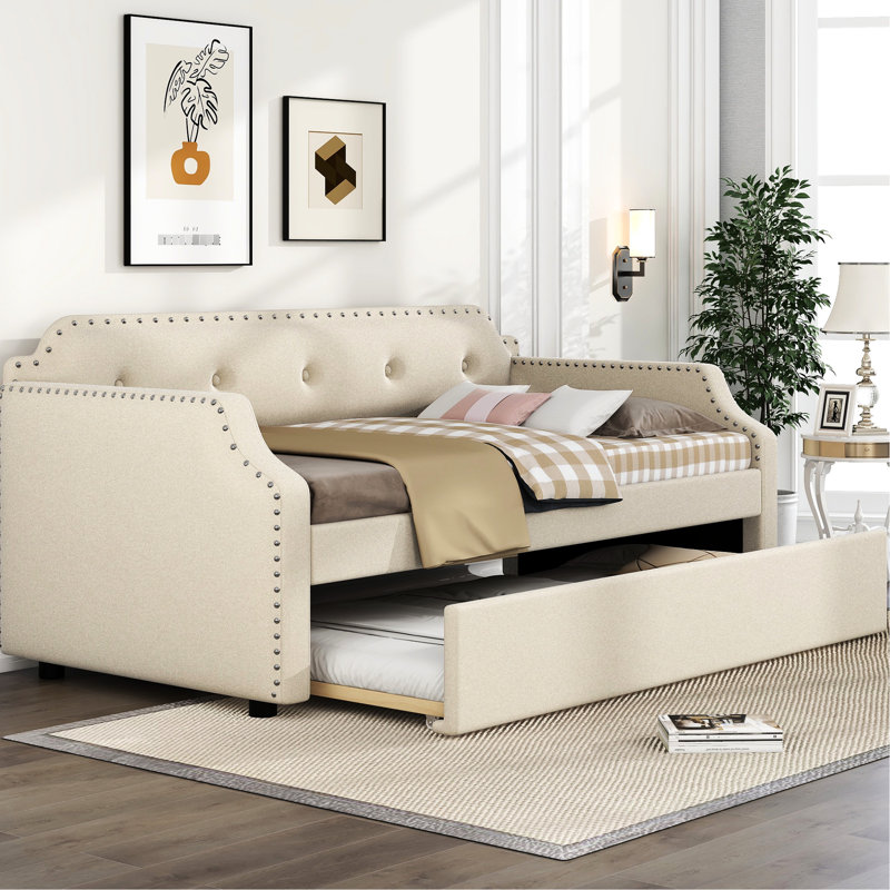 Lit de jour simple rembourré avec couchette coulissante, housse en lin beige, pour les espaces de vie, Beige