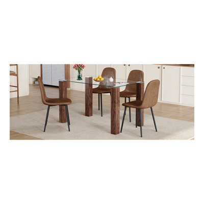 Ensemble de table et de chaises.Une table de salle à manger en verre trempé transparent de 49,6 x 30 pouces avec pieds rectangulaires en bois aggloméré à grain de bois naturel.