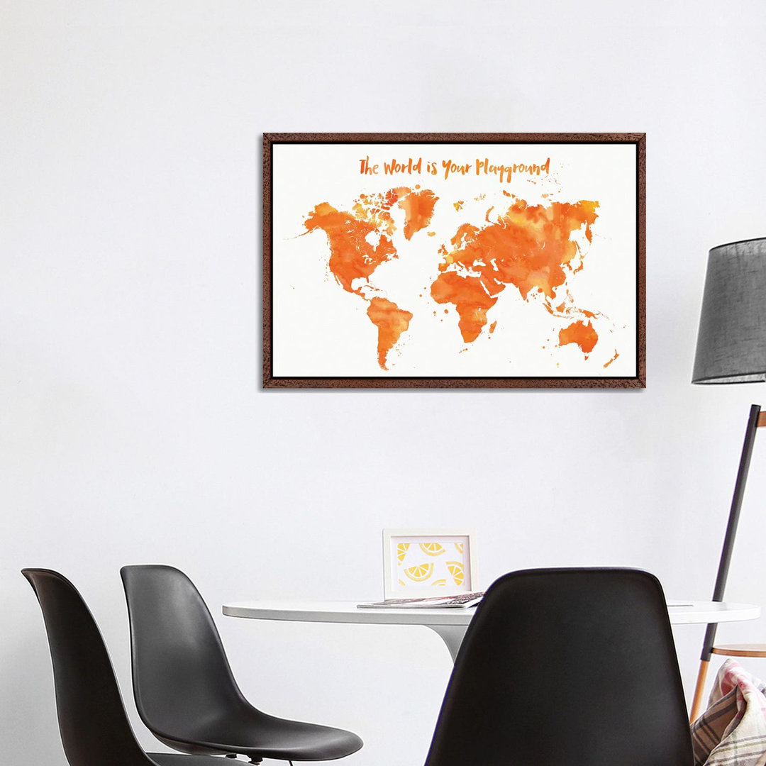 Orange Aquarell Kinderzimmer Weltkarte von Blursbyai - Galerie-verpackt Leinwand Giclée