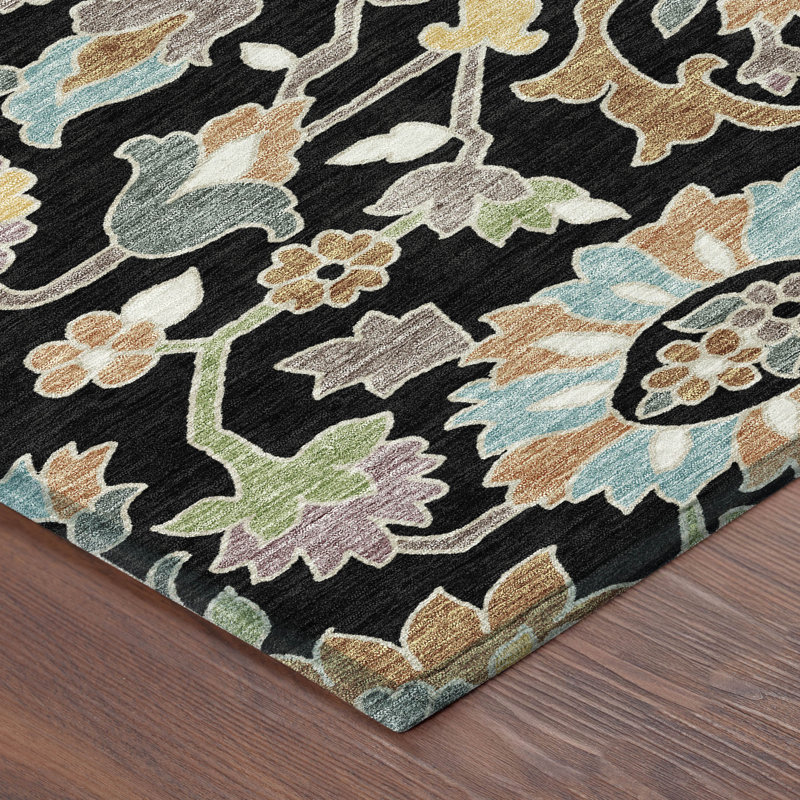 Tapis floral intérieur / extérieur lavable à la machine Chantille ACN2587, 9 pi x 12 pi, Noir