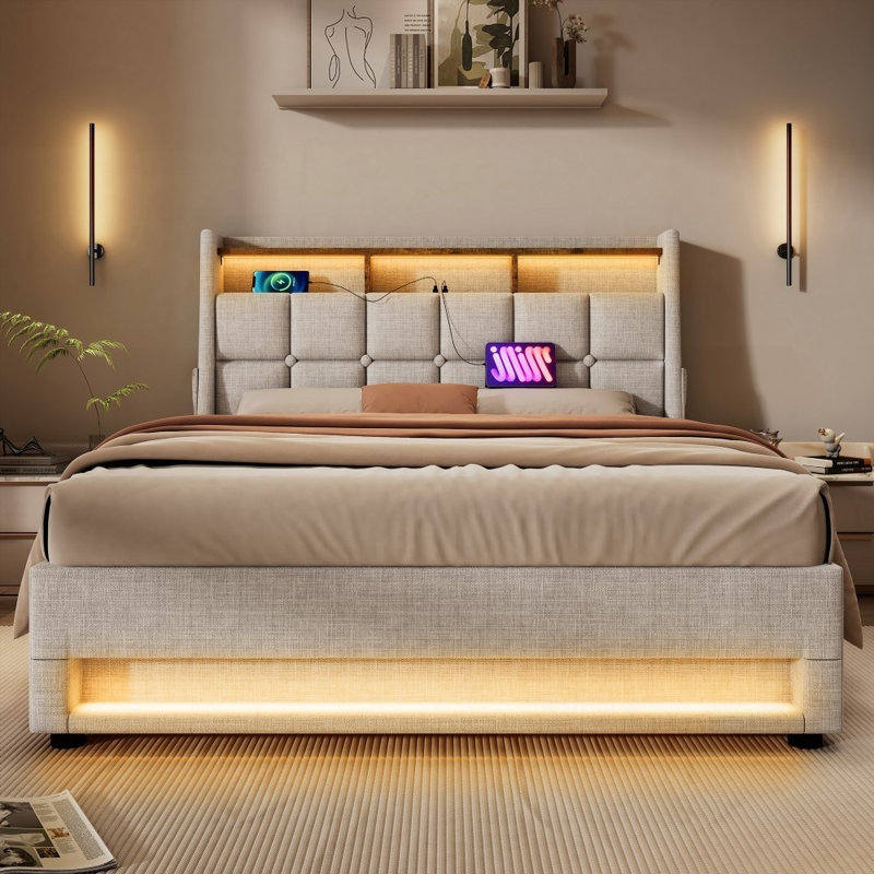 Grand lit plateforme tapissier avec rangement hydraulique, DEL et amp; USB - aucun sommier requis, support solide, Naturel