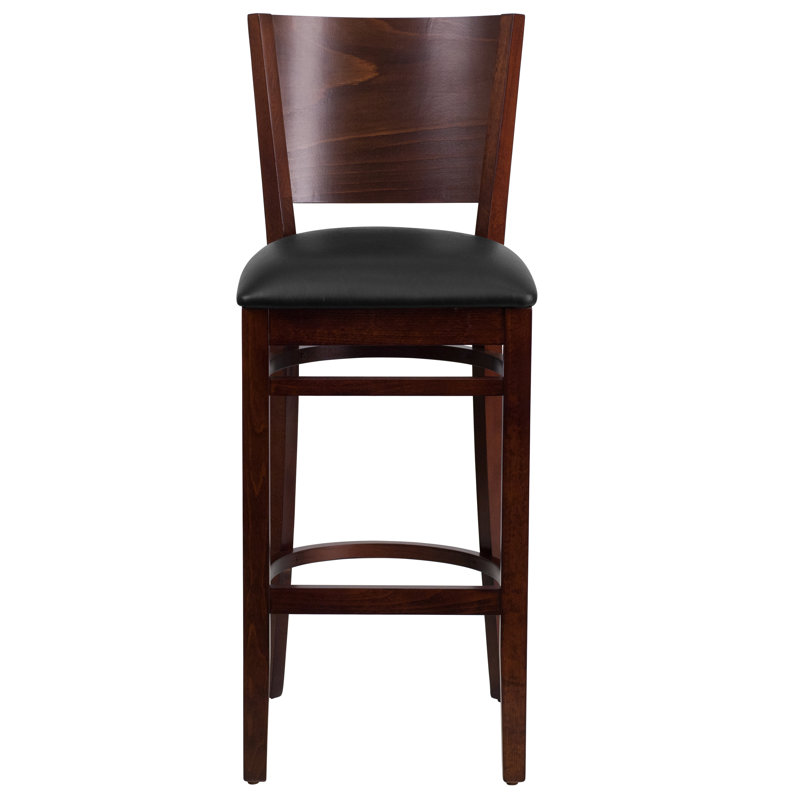 Claridge Solid Back Wooden Restaurant Barstool, Vinyl-Black, Walnut, 1