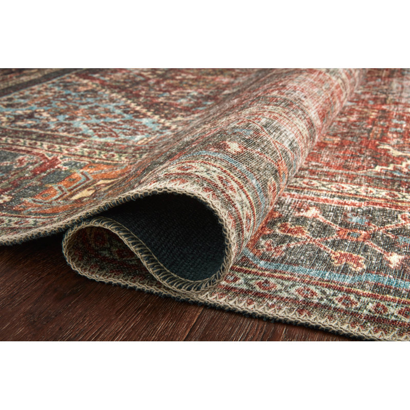 Tapis oriental rouge foncé, gris anthracite foncé et bleu clair Akrish, Rectangle 5 pi x 7 pi 6 po
