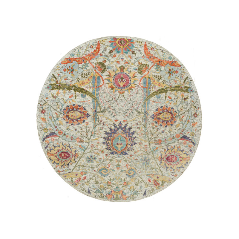 6'x6' Canvas Tan Silk and Wool Sickle Hand Knotted Leaf Design Round Rug G90256