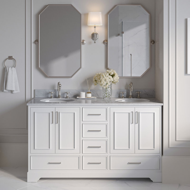 61'' Double Bathroom Vanity with Carrara Marble Top, White