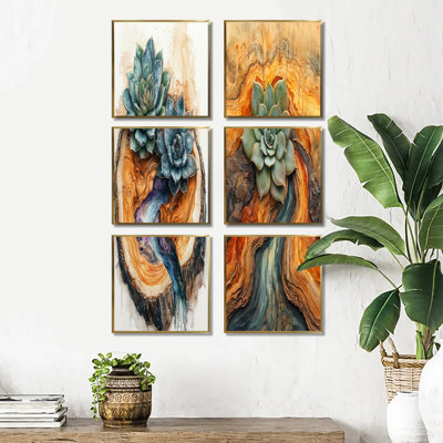 Succulent sur un plateau de rivière en bois - ensemble de 6 reproductions d'art floral