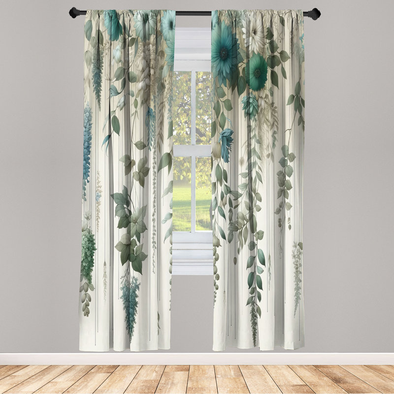 Eggshell Grey Teal Floral Microfiber Room-Darkening Curtain Set