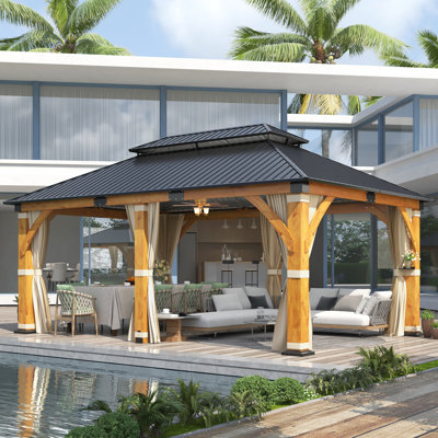 20 Ft. W x 12 Ft. D Outdoor Spruce Wood Gazebo - Galvanized Steel Double Roof with Curtain and Nettings