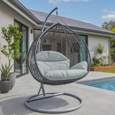 Fauteuil à œufs suspendu en forme de larme pour 2 personnes avec support et coussins en acier - Causeuse double en osier toutes saisons pour patio intérieur et extérieur