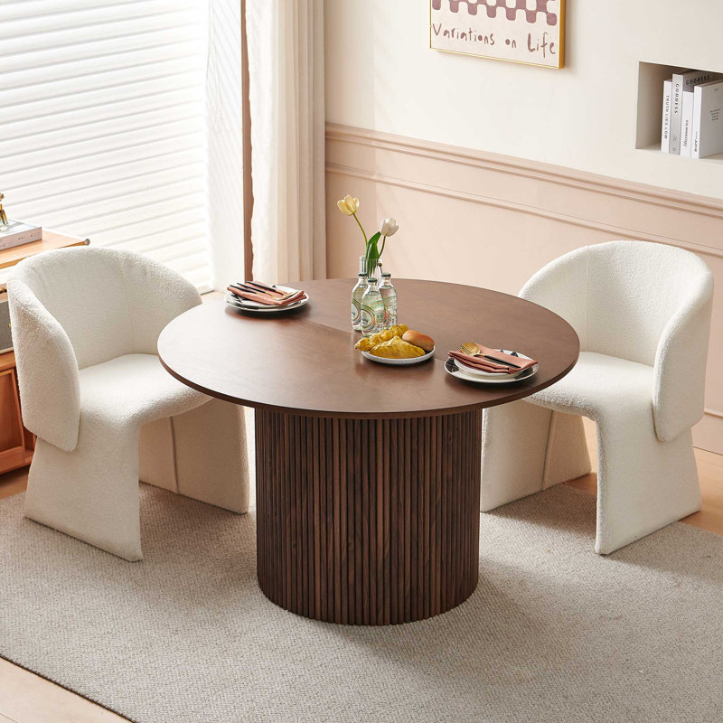 3-Piece Dining Table Set, Wood Top, Faux Fur Armchairs, White, Walnut, Walnut
