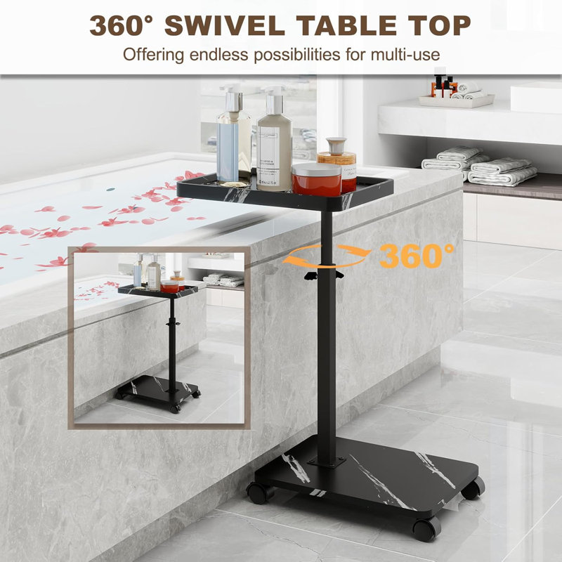 Adjustable Height C Table With 360° Swivel Wheels, Slide Under Sofa Side Table, Sturdy C-Shaped End Table For Living Room, Bedroom, And Small Spaces
