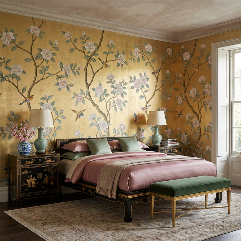 Papier peint floral oiseaux traditionnels, Non-Woven Nonpasted, 160 po x 108 po