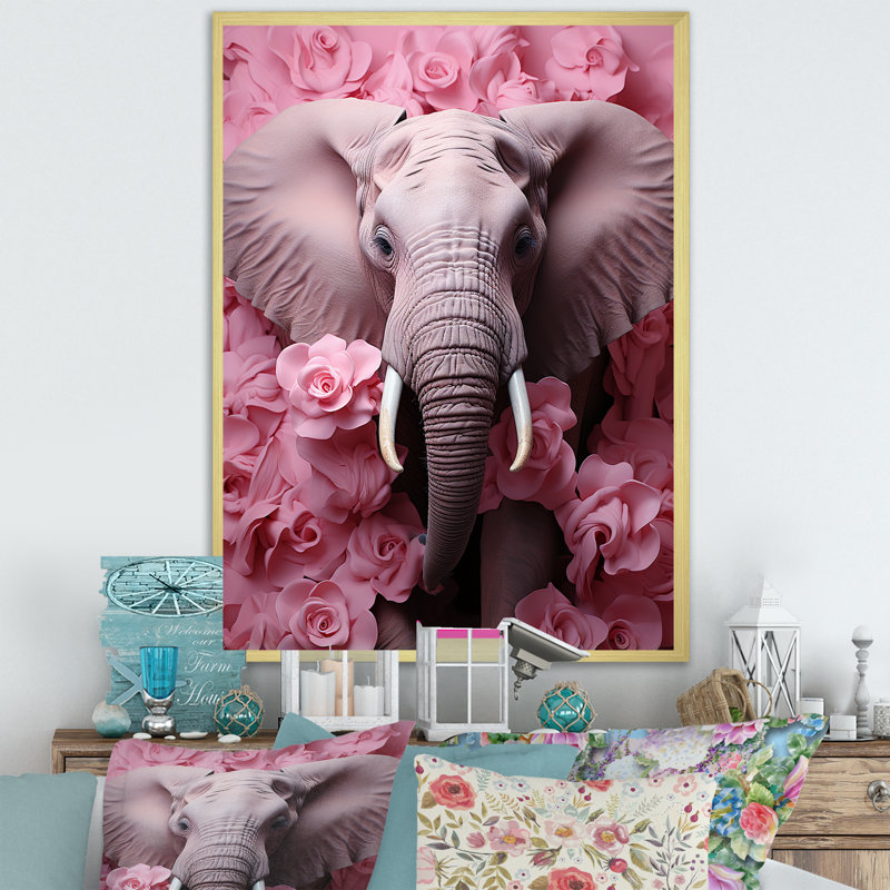 Rose romantique, éléphant I - éléphant, art mural, H 40 po x l 30 po x P 1,5 po, Cadre doré simple