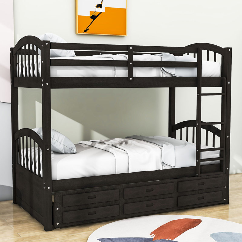 Dormalee Kids Twin Over Twin Bunk Bed with Trundle with Drawers, Espresso