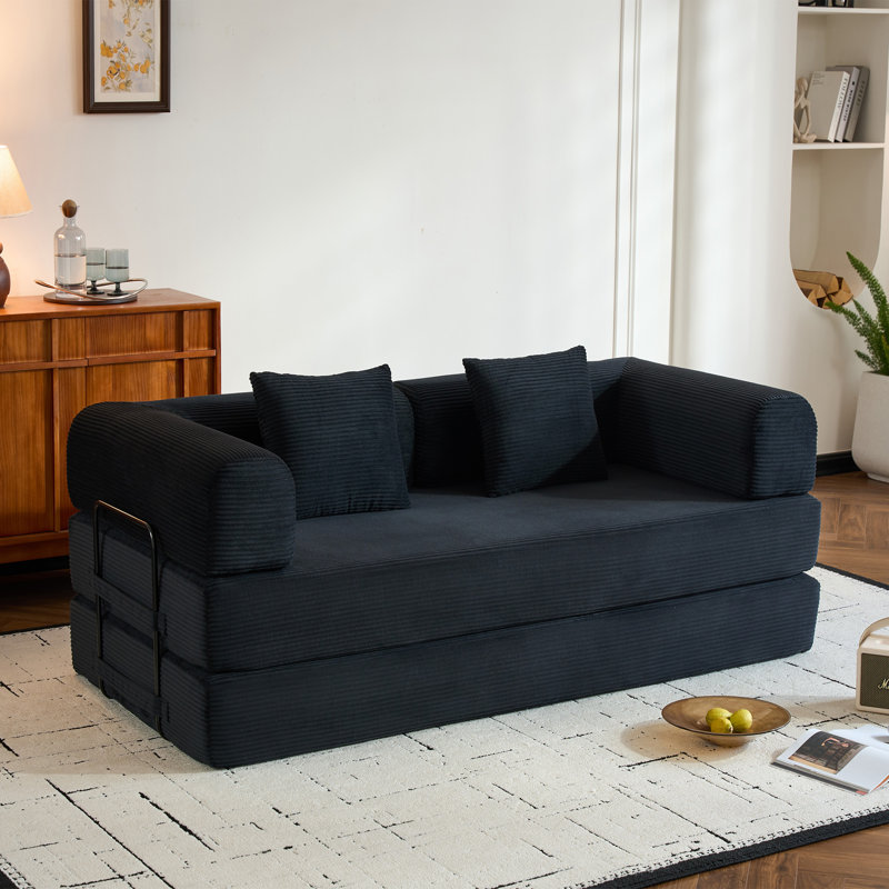 Boneless 78" King-Size Sleeper Sofa Bed Convertible Compression Couch Bed Corduroy Floor Couch With 2 Pillows, Black