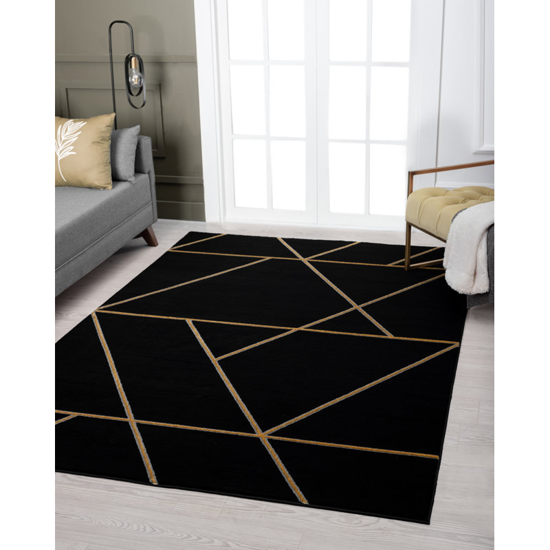 Tapis noir à motif géométrique Ezell, Rectangle 9 pi 1 po x 12 pi 3 po