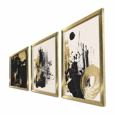 Elegant Decorative Framed MDF Painting Set (3 Pieces), Gold & White & Black, 15.0 x 21.0 inches Each | 100% MDF (Thickness: 0.1 inches) & 100% Wooden Frame (Thickness: 0.9 inches) | Perfect for Home Décor & Gallery Walls