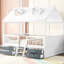 Structure de lit double en bois de style maison blanche, avec quatre tiroirs et des lanterneaux pour le coucher avec l'extérieur, tablettes de rangement