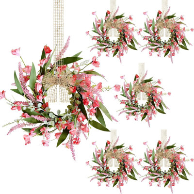 6 PCS Artificial Spring Summer Swag Wreaths Mini Pink Forsythia Lavender Kitchen Cabinet Wreath Small Floral Hanging Flowers Wreaths for Front Door Wedding Farmhouse Porch Wall Window Tabletop Decor