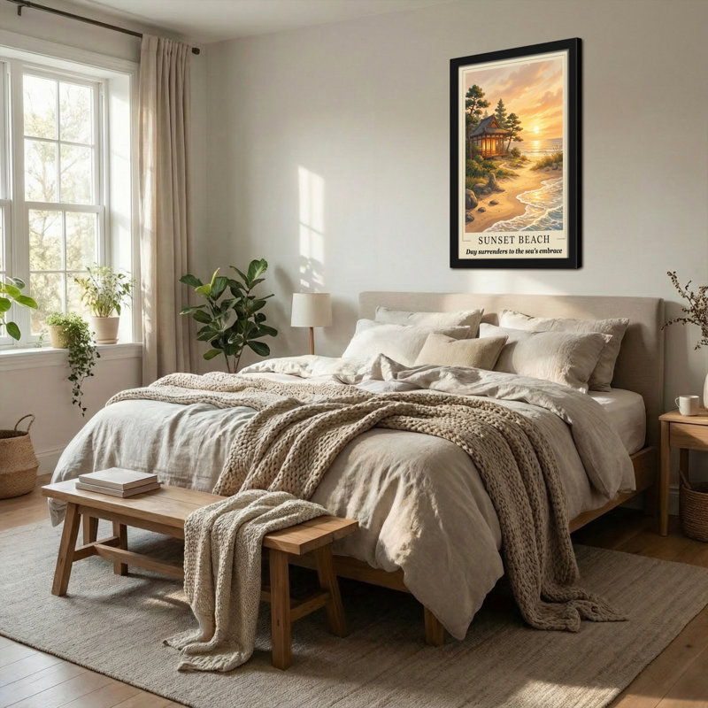 Paysage et nature coucher de soleil plage chalet océan vagues arbres ciel, H 36 po x l 24 po