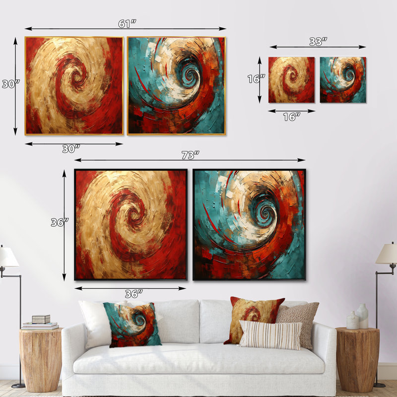 Red Gold Fusion Spiral - ensemble de 2 collages carrés abstraits, Cadre flottant doré, H 16 po x l 33 po