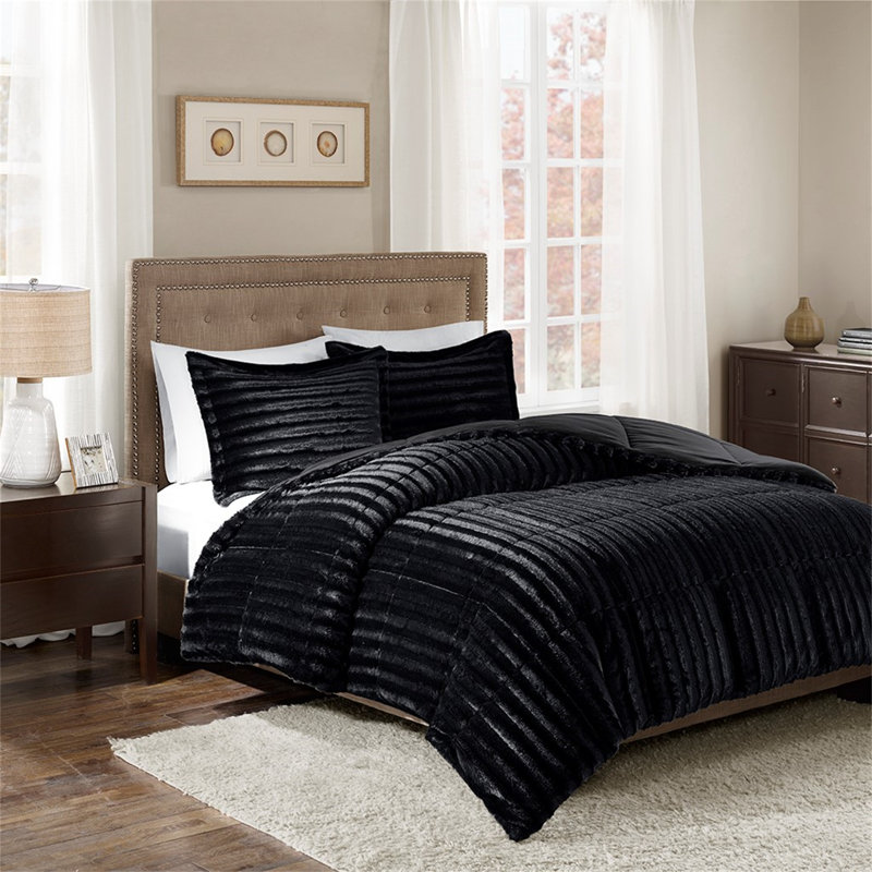 Mini ensemble d'édredon en fausse fourrure, Édredon double / grand + 2 taies décoratives sta, Noir