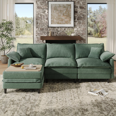 108'' Comfy  L Shaped Sectional Modular Cloud Sofa with Ottoman, Tool-free Easy Assembly Corduroy Couch