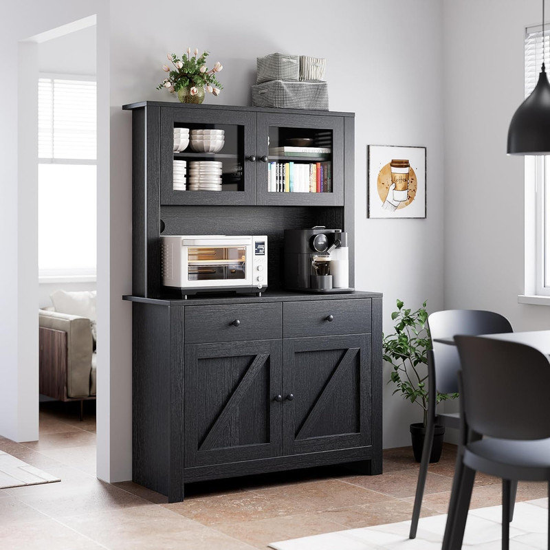 Armoire de cuisine spacieuse avec support pour micro-ondes, tablettes réglables et portes en verre, Black