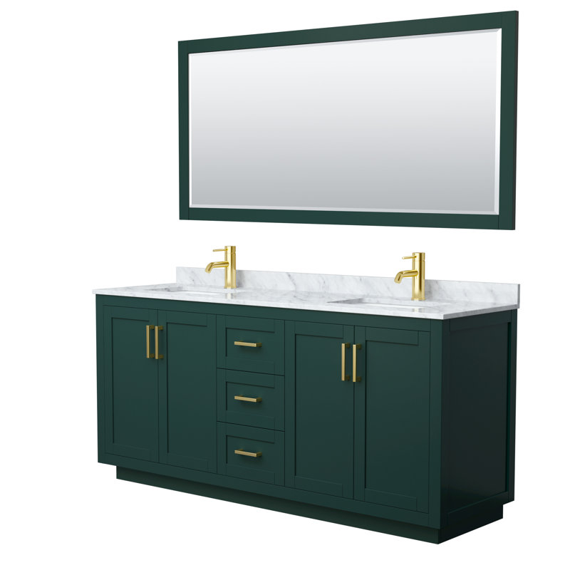 Miranda 72" Freestanding Double Bathroom Vanity with Marble Top with 70" Mirror, Brushed Gold, Green