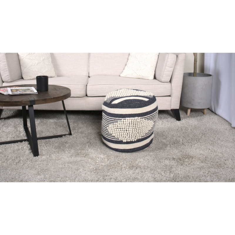 White And Dark Blue Handcrafted Fabric Pouf, Wool Cotton Material, 16X16x16", 250Lb Capacity, Spot Clean, Beads Filling Cylindrical Pouf In Blue, 16"X16"X16",