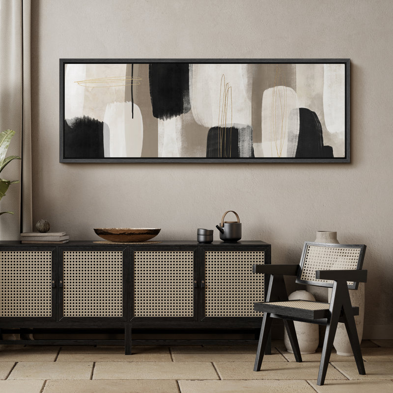 «Black and White Abstract Gold Line Modern Contemporary», impression sur toile encadrée très grande, H 20 po x l 60 po