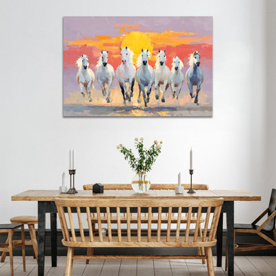 Horse Wall Art, 7 Horses Running Painting Vastu With Frame, 7 Running Horses Painting, Horses Pictures Wall Decor, Horse Canvas Wall Art Poster for Living Room Bedroom Office, Large Horse Art Canvas Framed Ready to Hang 28" × 40"