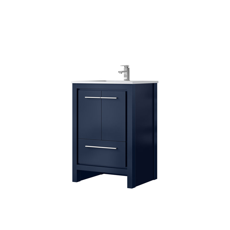 Meuble-lavabo bleu marine 24 po X P 20 po D, dessus en quartz blanc et robinet chromé, 24"