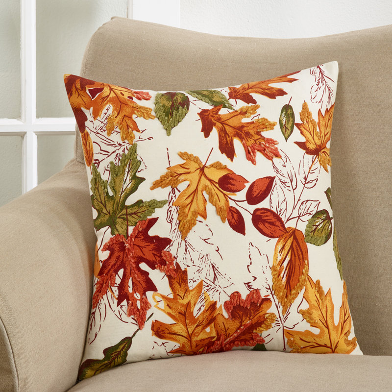 Coussin décoratif multicolore en coton brodé à motif de feuilles d'automne 20 x 20 po, Polyester