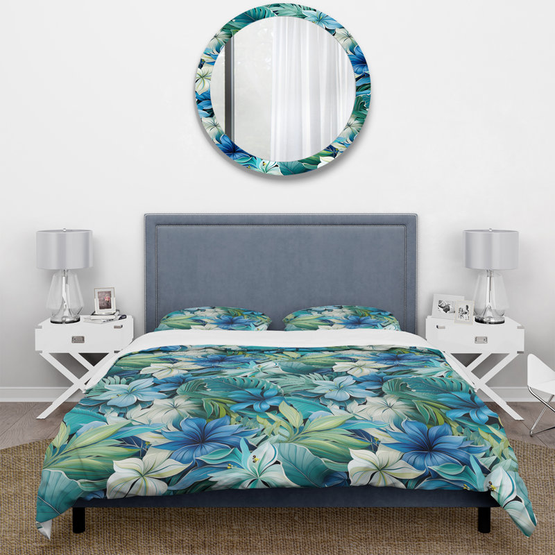 Literie à motif tropical bleu azur et vert, Housse de couette pour grand lit et 2 taies décor