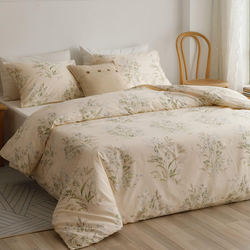 3 PCS Mini Leaves Duvet Cover Ultra Soft & Breathable Comforter Cover, Beige/Green/Blue Floral, King Duvet Cover + 2 Shams
