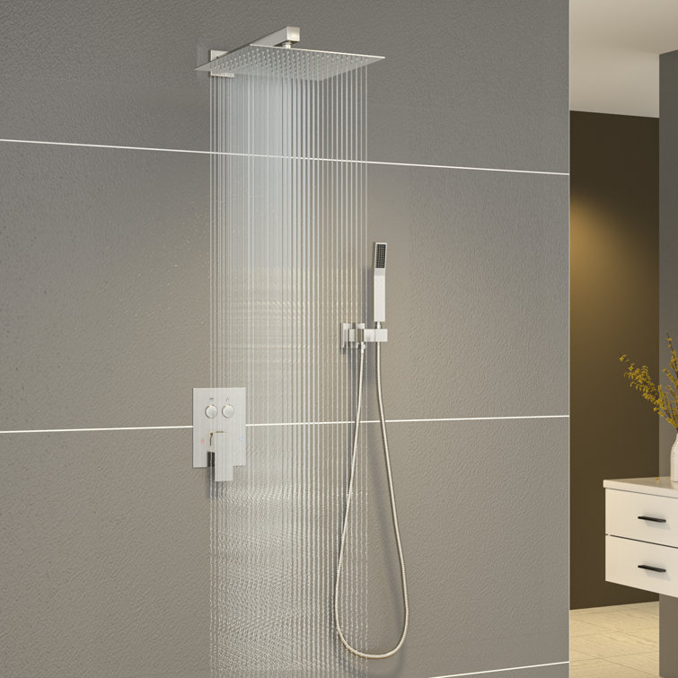 10" Pressure Balanced Rain Shower System with Push Button Diverter, Rough-in Valve and Handheld Spray