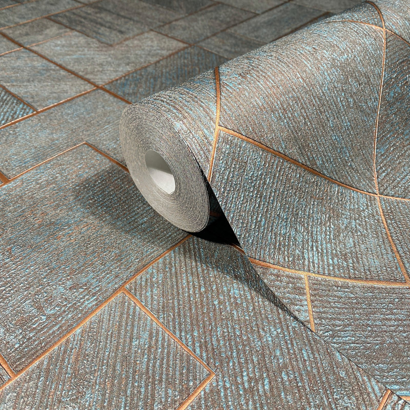 Papier peint Marquetry Teal Tile, Bleu