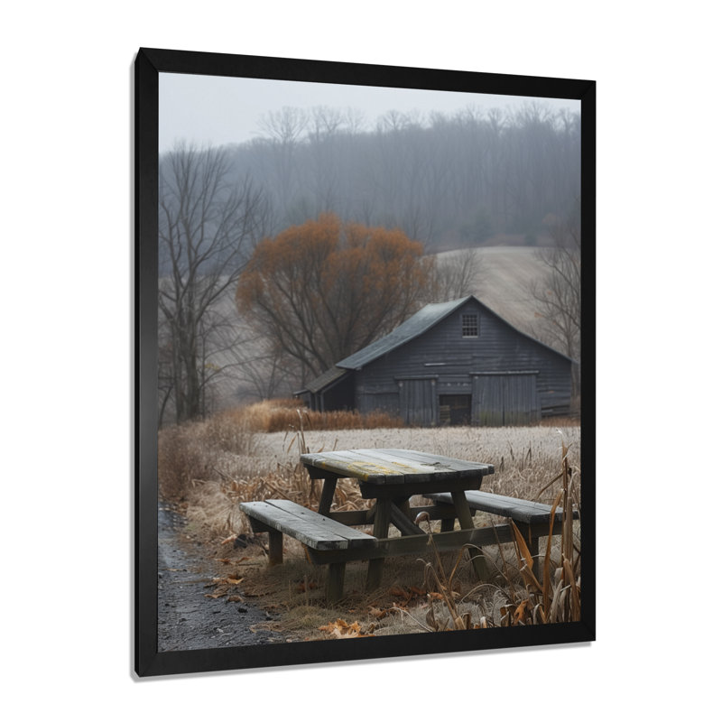 «Grey Bench Winter Country Charm Barn» - reproduction d'art murale grange, Toile encadrée noire simple