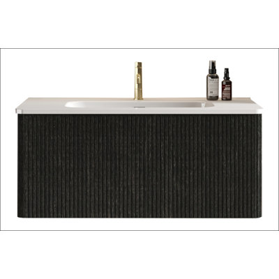Meuble-lavabo flottant rayé en chêne brossé 36 po avec lavabo en céramique blanche 36 po, pré-assemblé