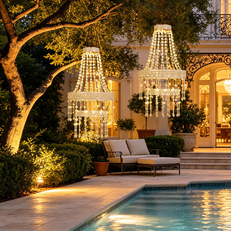 Outdoor Solar Hanging Chandelier with Crystal Acrylic Beads, White Iron LED Patio Light