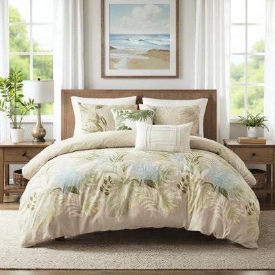 Housse de couette pour lit double / grand 5 pièces avec coussins décoratifs tissés en coton, housses de coussins amovibles, tissu tricoté nettoyant les taches, imprimé tropical, fermeture à glissière dissimulée, attaches intérieures
