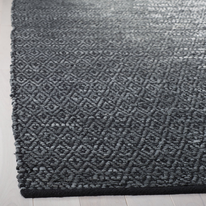 Phillis Vintage Leather Hand Woven Leather/Cotton Geometric Rug in Light Grey/Charcoal, Rectangle 2' x 3'