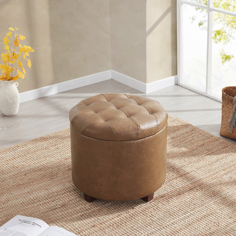 Crompton 18" Tufted Round Storage Ottoman, Mocha Faux Leather