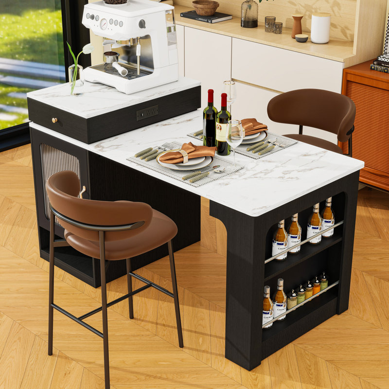 Îlot de cuisine avec table de salle à manger extensible, rangement double-face, prise de courant et tablettes réglables, Noir
