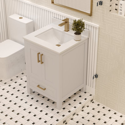 Meuble-lavabo simple 24 po avec plateau en quartz blanc Rooh