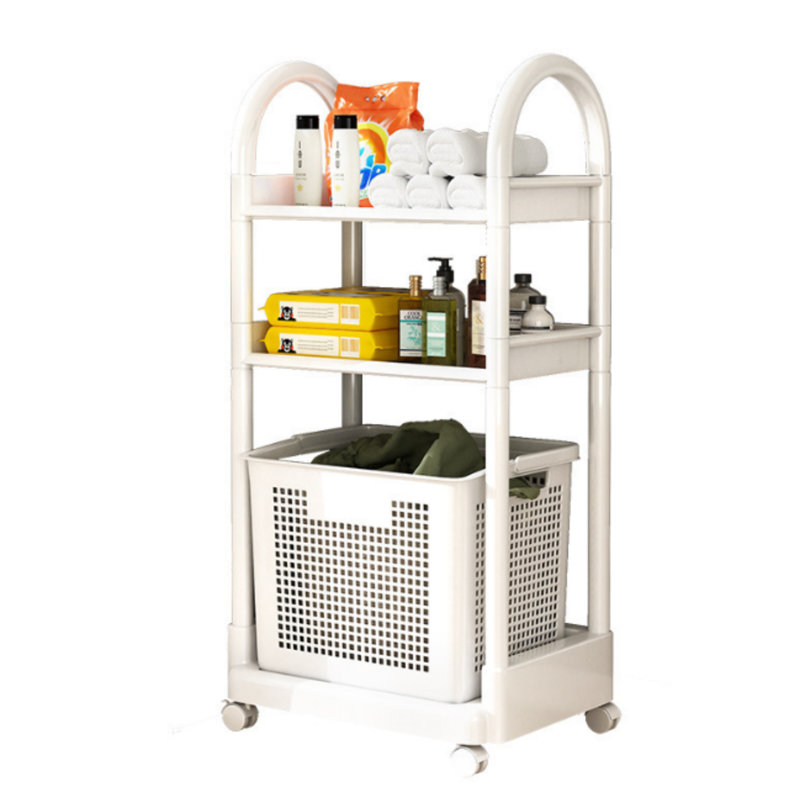 Support de rangement pour chariot de salle de bain portable avec plusieurs couches et grande capacité, offrant un rangement unique pour les vêtements sales et autres articles de salle de bain.