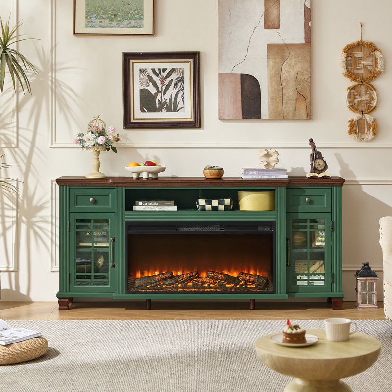 70" Fireplace TV Stand With 36”Silent Electric Fireplace, Farmhouse Entertainment Center For Tvs Up To 80", 2 Drawers TV Console With Glass Door Cabinet, Green Tvs Cabinet For Living Room