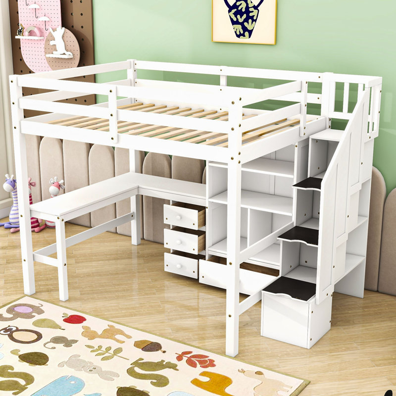 Lit mezzanine double avec tiroirs, bureau, escalier de rangement et garde-corps, Blanc