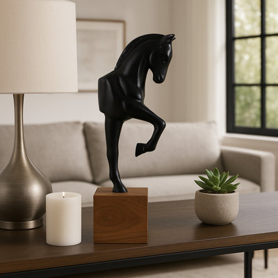 Sculpture élégante de cheval sur un socle en bois - objet de décoration pour bureau ou salon - 12 po, noir et brun